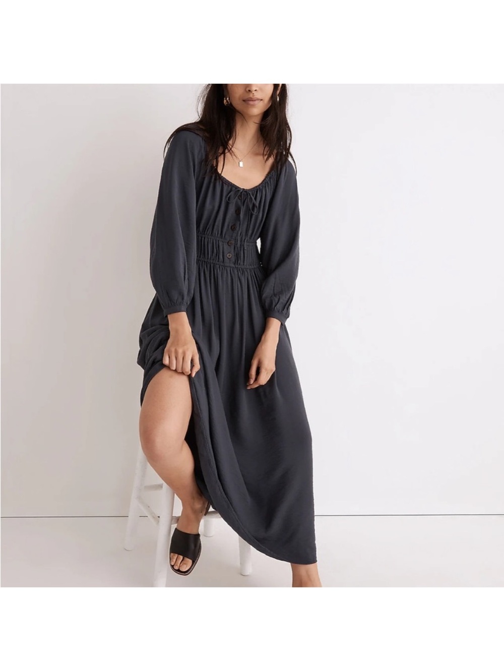 Madewell - Plus Twill Sophia Midi Dress - Size 3X Dark Baltic Boho Cottagecore